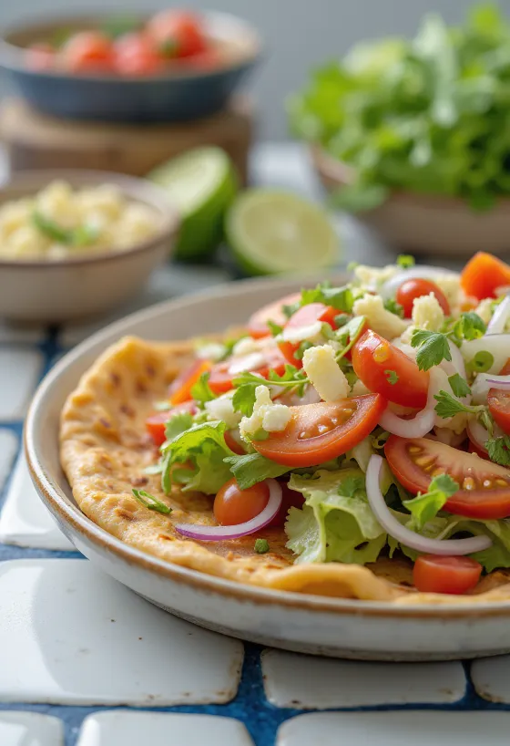 Lahmacun z sałatką, podawane na świeżym cieście z pikantnym nadzieniem mięsnym