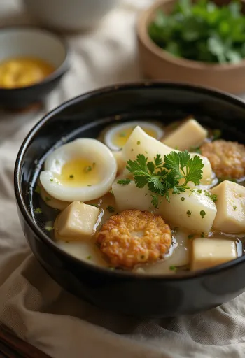 Oden z ganmodoki, podawane z tofu i daikonem, ze świeżą kolendrą