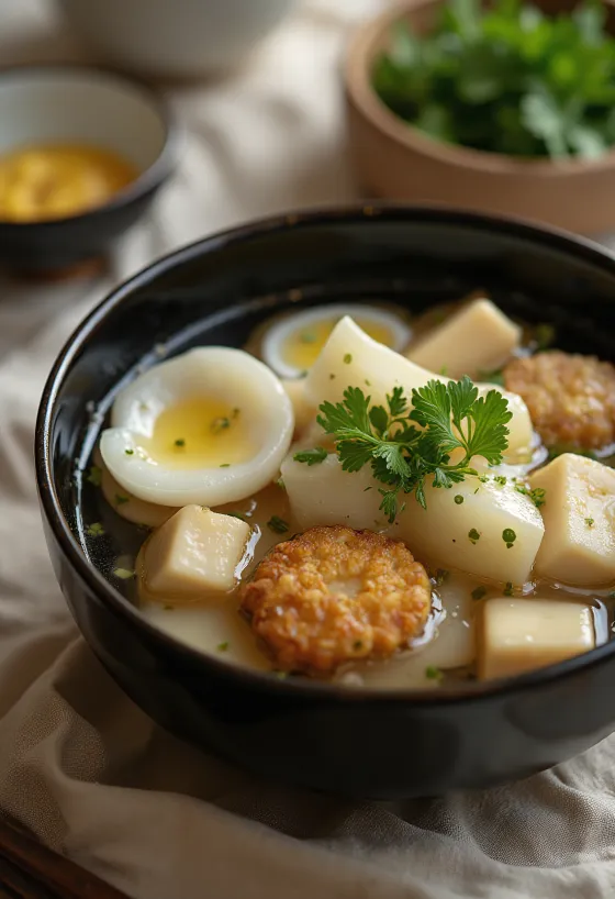 Oden z ganmodoki, podawane z tofu i daikonem, ze świeżą kolendrą