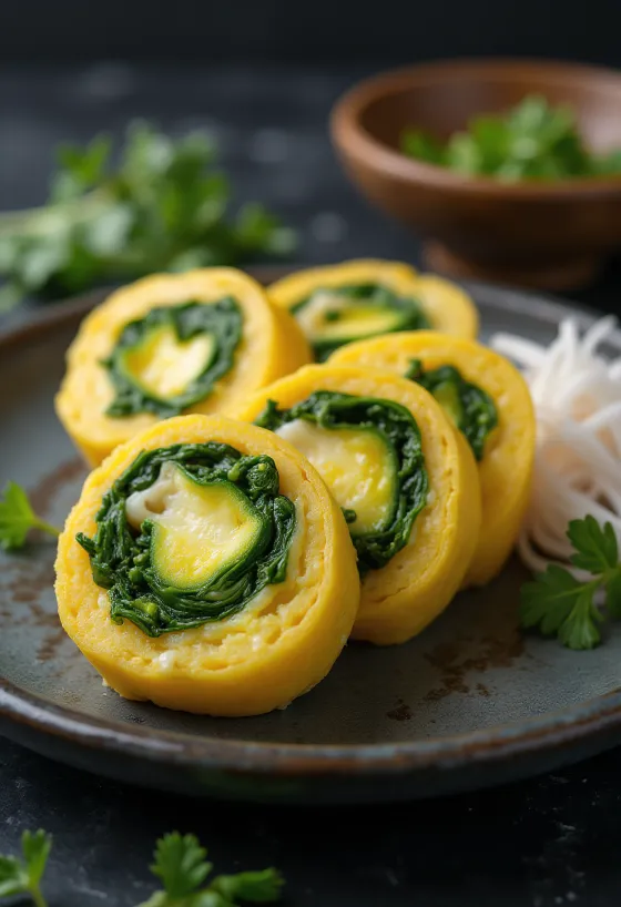 Tamagoyaki ze szpinakiem, plastry omletu ze świeżym szpinakiem