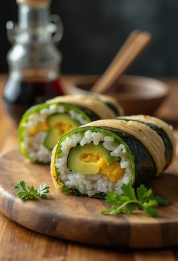 Wrap Tamagoyaki ze świeżym awokado i jajkiem tamagoyaki, świeżą kolendrą