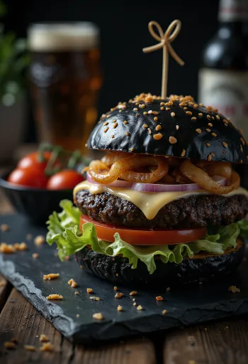 Czarny burger z wołowiną i białym serem cheddar