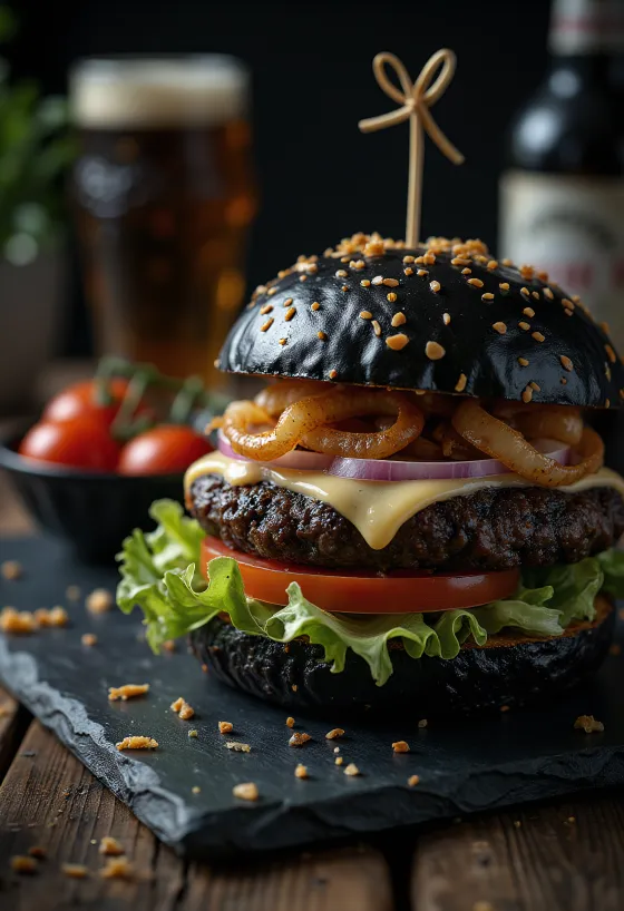 Czarny burger z wołowiną i białym serem cheddar