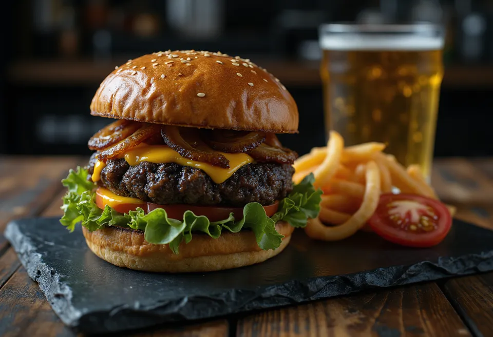 Czarny burger z wołowiną i białym serem cheddar