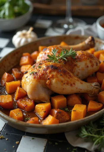 Pieczone udka z kurczaka podawane z batatami