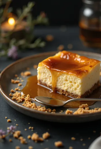 Sernik z karmelem podany na talerzu