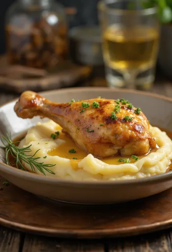 Pieczone udka z kurczaka z chrupiącą skórką podawane z puree ziemniaczanym