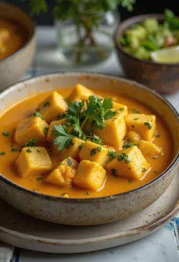 Moqueca podana z tofu, rybą i mlekiem kokosowym