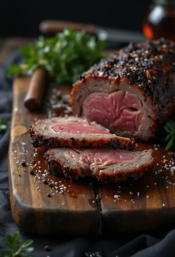 Mostek wołowy BBQ podany w kawałkach z pieczonymi ziemniakami