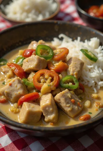 Bicol Express ze śmietanką kokosową, podawane z czerwonym i zielonym chili w jasnej misce