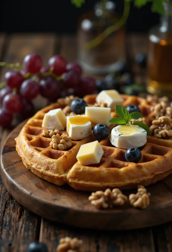 Gofry a la deska serów francuskich z camembertem, brie, serem pleśniowym, orzechami i miodem
