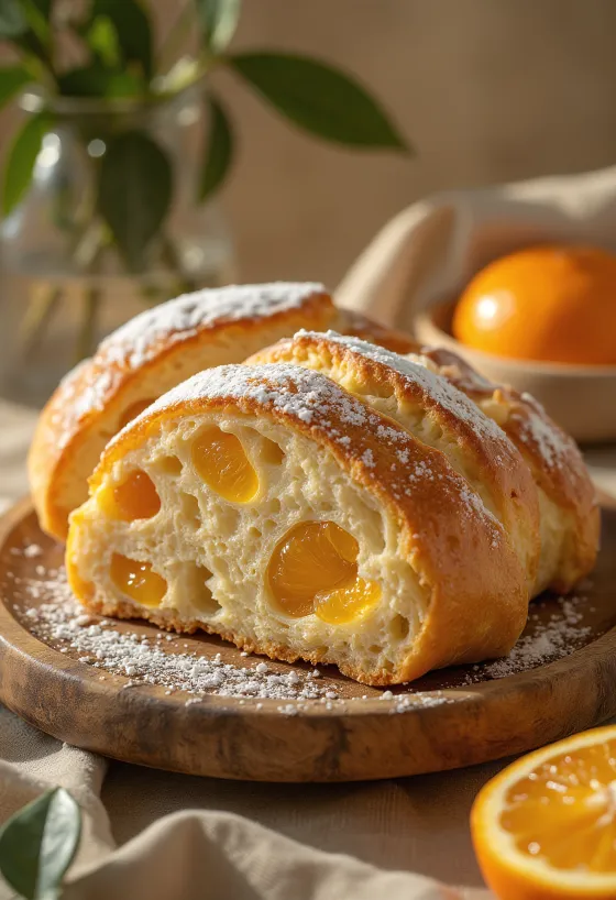 Pomarańczowo-marcepanowy Stollen pokrojony w plastry, posypany cukrem pudrem