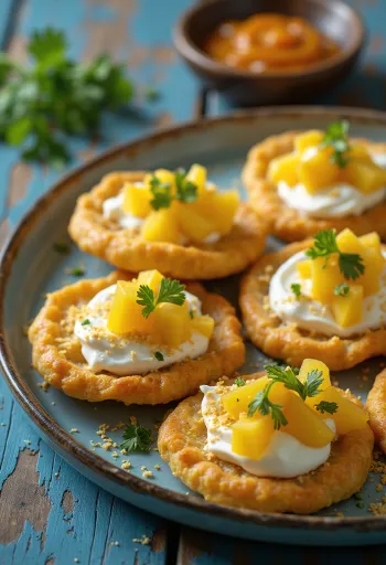 Sev puri z kawałkami mango, jogurtem i przyprawami