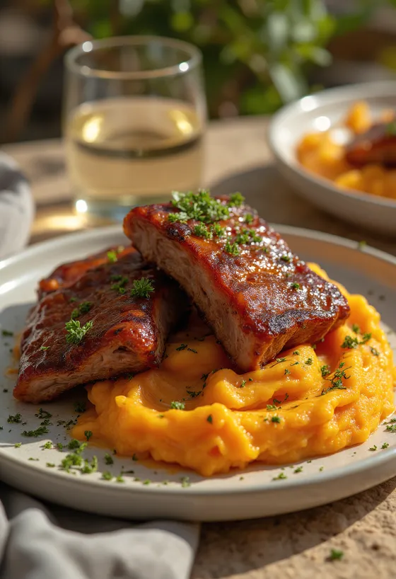 Żeberka BBQ podane z batatami