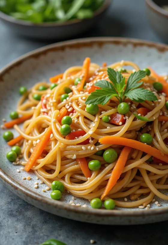 Japchae z warzywami, podane z makaronem z batatów i warzywami
