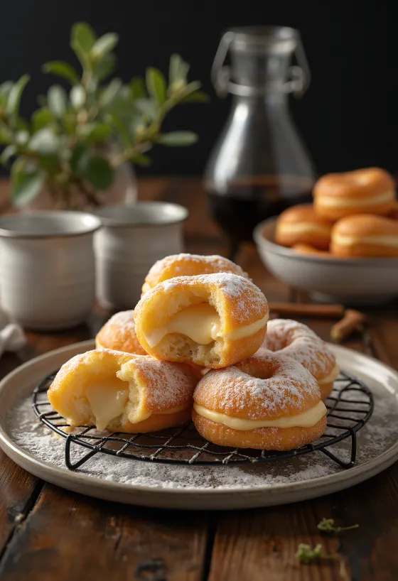 Pączki z kremem waniliowym, pyszna i miękka słodycz, podana z cukrem pudrem