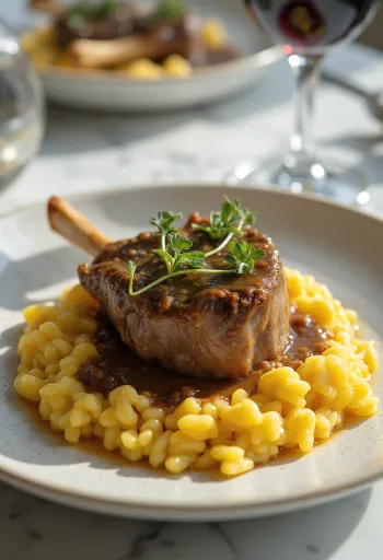 Osso buco podane z risotto, posypane gremolatą, soczysta gicz cielęca na ryżu