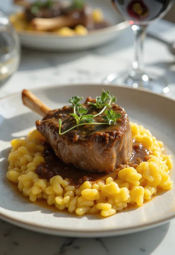 Osso buco podane z risotto, posypane gremolatą, soczysta gicz cielęca na ryżu