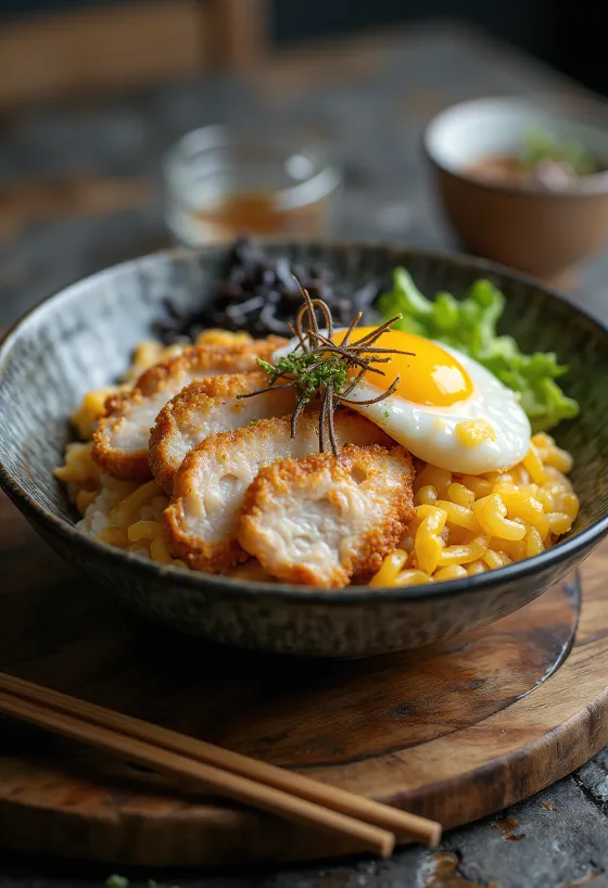 Katsudon nadziewany marynowaną rzepą Takuan podany z chrupiącym kurczakiem i świeżymi warzywami