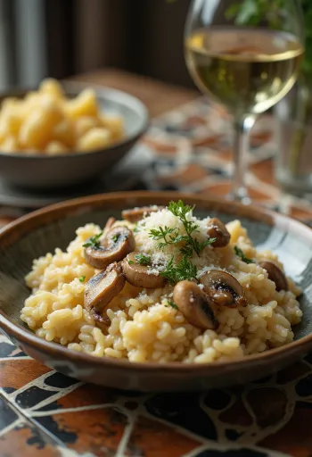 Risotto z grzybami podane ze świeżymi ziołami i serem parmezan