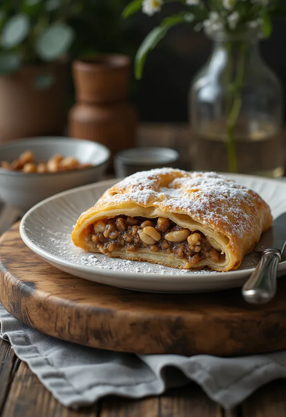 Strudel makowo-orzechowy podany na talerzu