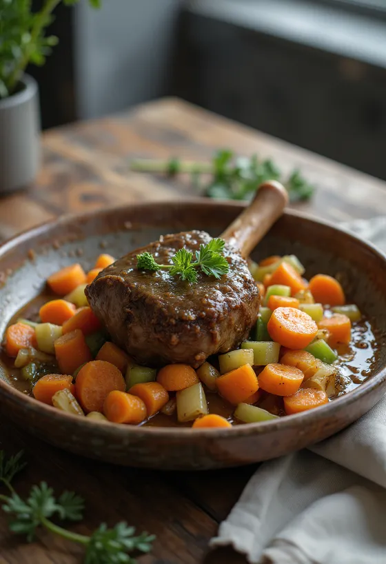 Ossobuco z marchewką i selerem, podane w bogatym sosie warzywnym