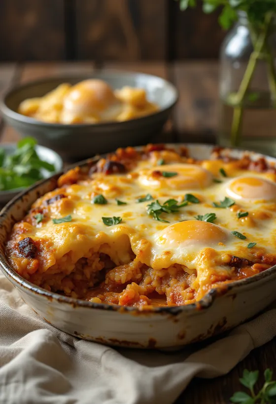 Wegańska musaka z bakłażana z kaszą bulgur podana na talerzu