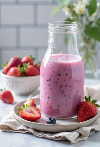 Probiotyczny kefir truskawkowo-porzeczkowy udekorowany świeżymi listkami mięty