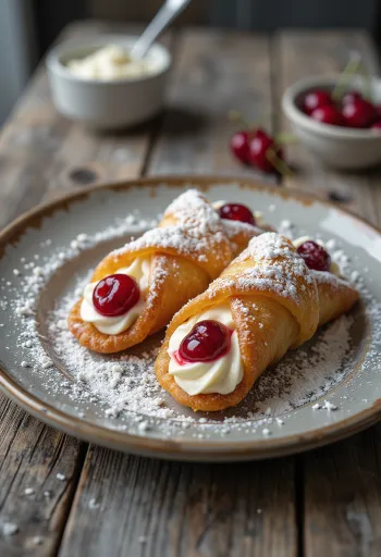 Cannoli z chrupiącym ciastem, udekorowane kandyzowanymi wiśniami, nadziewane kremem z ricotty