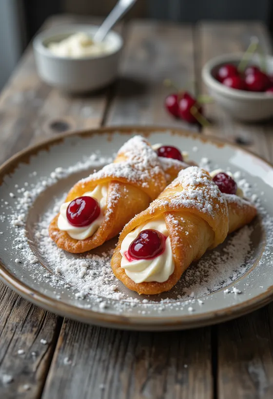 Cannoli z chrupiącym ciastem, udekorowane kandyzowanymi wiśniami, nadziewane kremem z ricotty