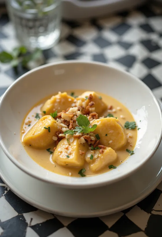 Korma z kurczakiem podana w bogatym, kremowym sosie, udekorowana świeżą kolendrą.