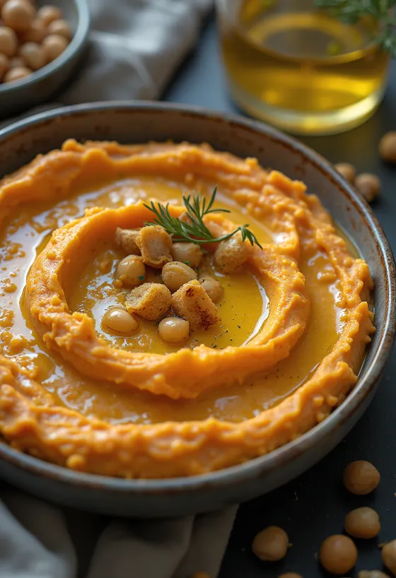 Hummus marchewkowy w ceramicznej miseczce, polany oliwą, posypany sezamem i natką pietruszki