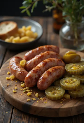 Pieczona kiełbasa podawana z ogórkami kiszonymi i chlebem