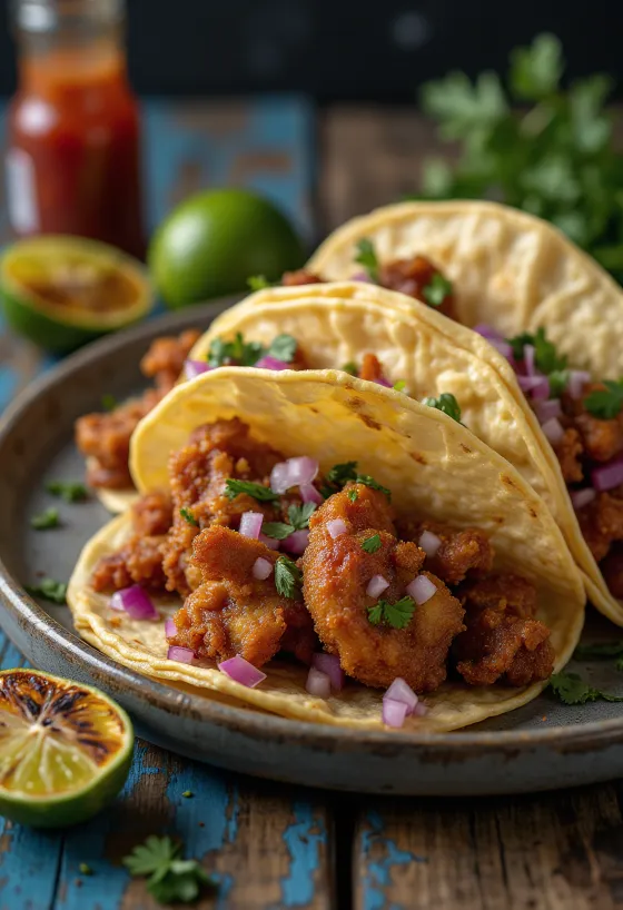 Tripas Taco z wolno gotowanymi flakami wołowymi, kolendrą i czerwoną cebulą