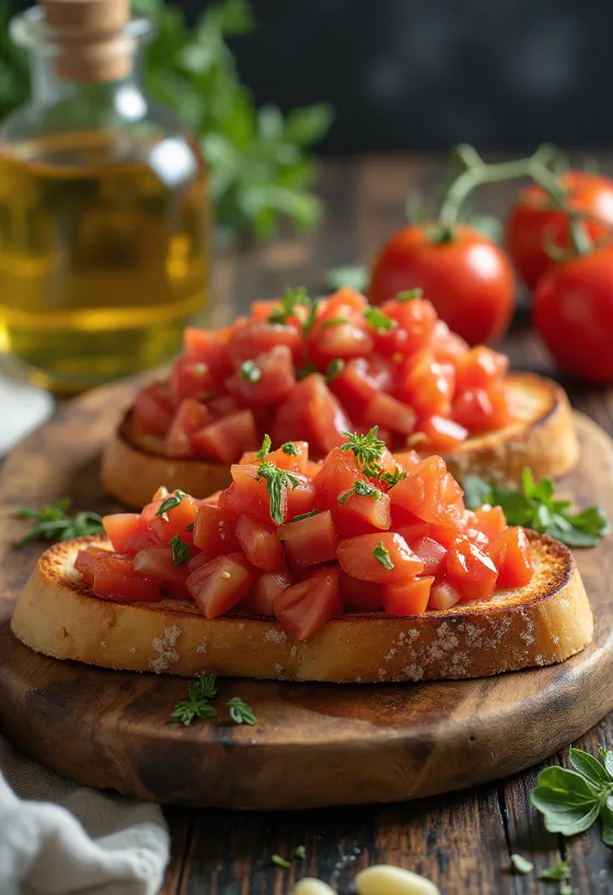 Wegańska bruschetta z pomidorami podana na talerzu