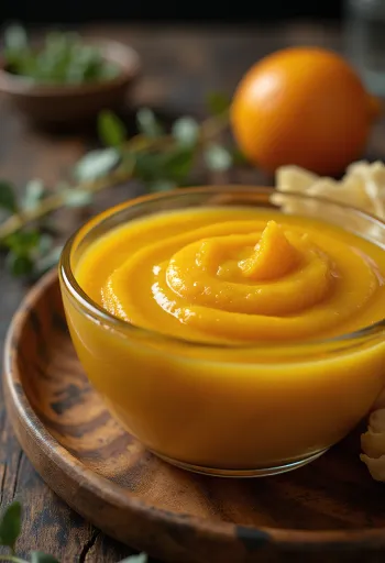 Sos pomarańczowo-imbirowy z curry podany na talerzu