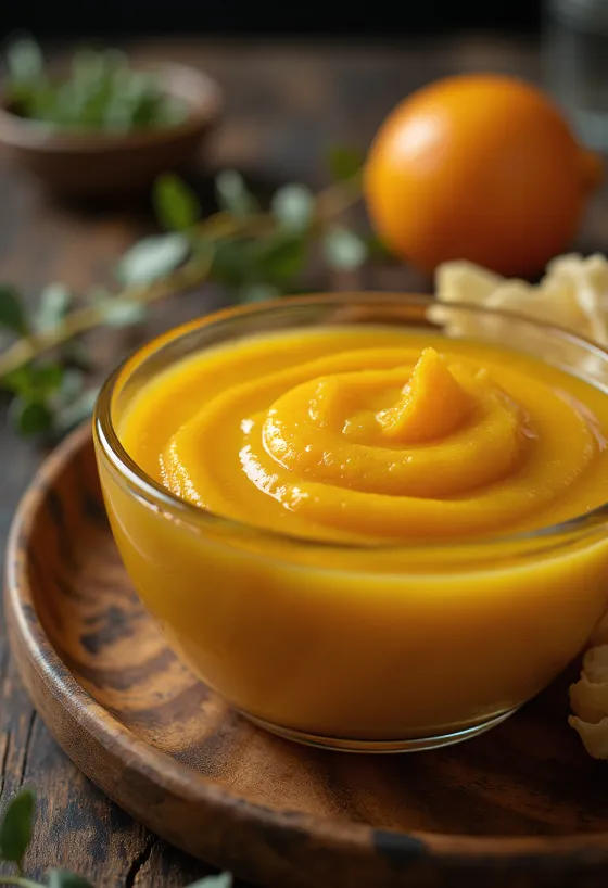 Sos pomarańczowo-imbirowy z curry podany na talerzu