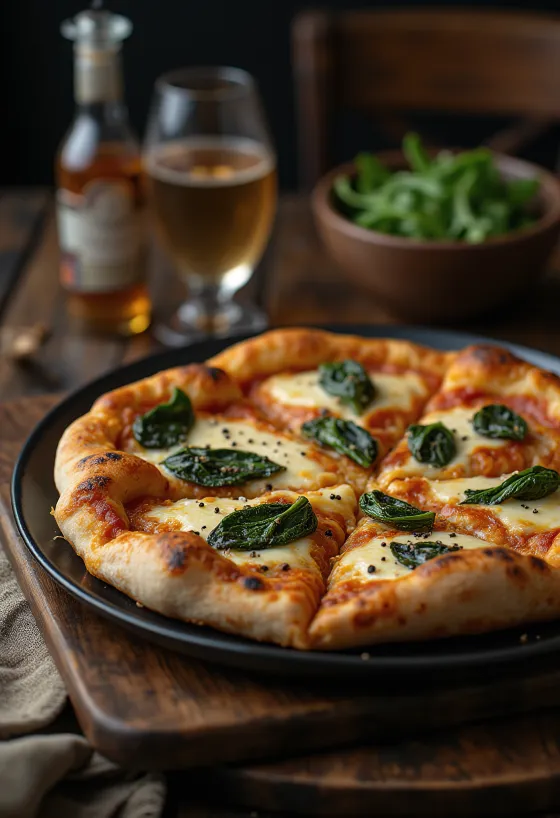Pizza w stylu tybetańskim podana z serem z jaka i świeżym szpinakiem