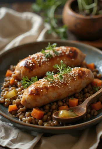 Pieczona kiełbasa podawana z soczewicą