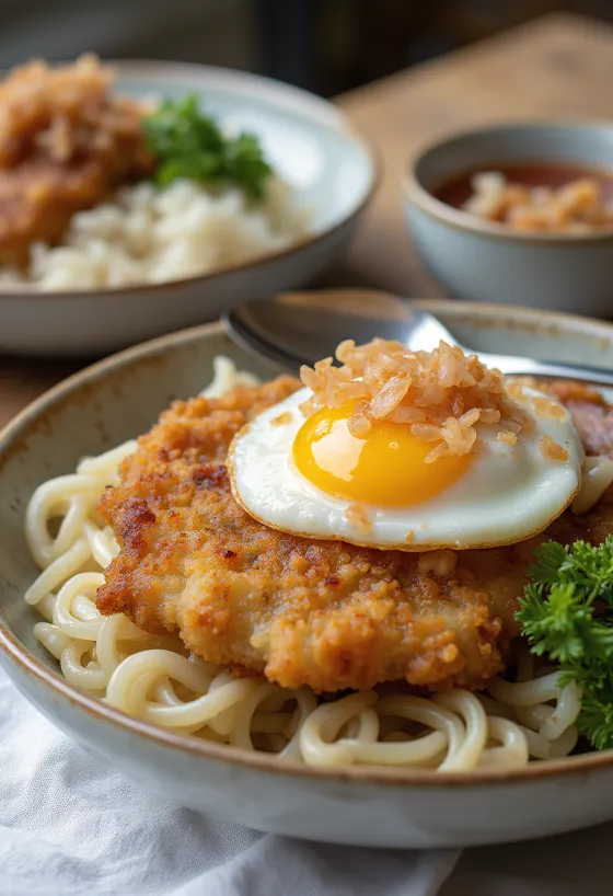 Katsudon nadziewany ikrą dorsza Tarako, chrupiący kurczak i bogaty sos sojowy