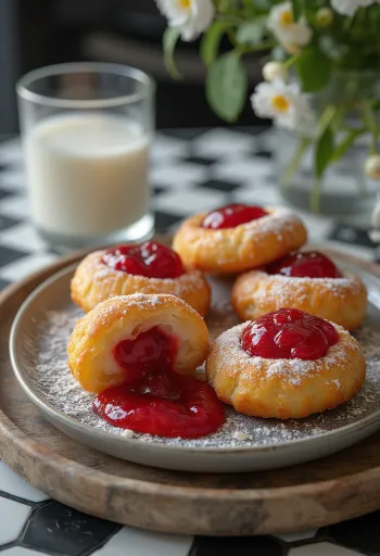 Zeppole nadziewane dżemem truskawkowym, posypane cukrem pudrem, podane na rustykalnym talerzu