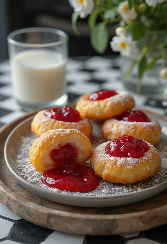 Zeppole nadziewane dżemem truskawkowym, posypane cukrem pudrem, podane na rustykalnym talerzu
