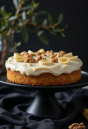 Bananowy tort orzechowy udekorowany kremem mascarpone i orzechami