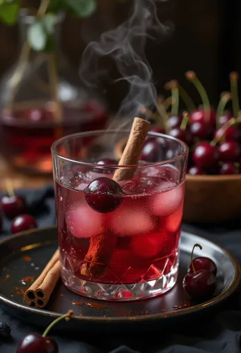 Czerwony cydr z czereśniami i miętą w szklance