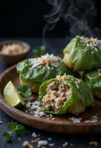 Laulau z grzybami, podawane ze świeżą trawą cytrynową