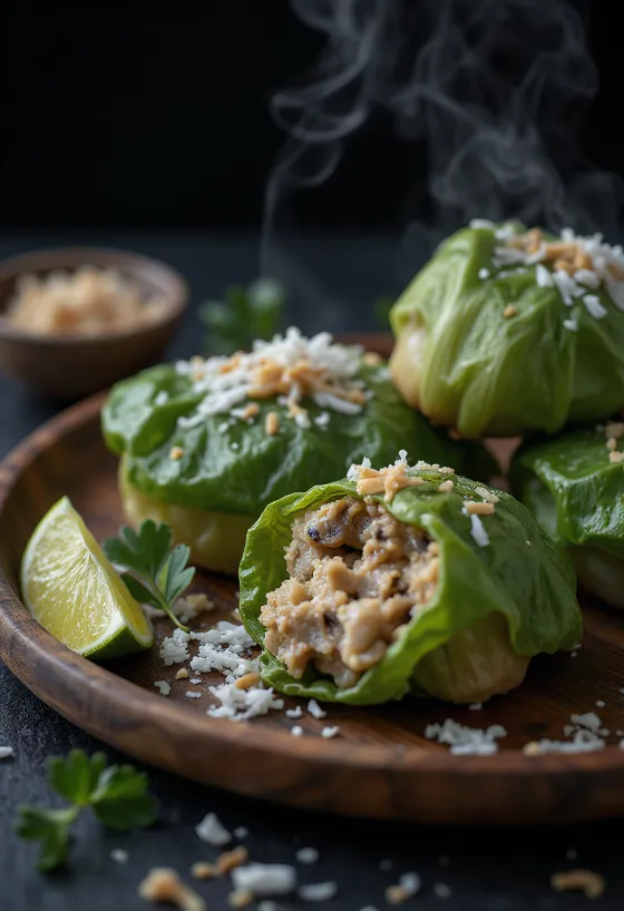 Laulau z grzybami, podawane ze świeżą trawą cytrynową