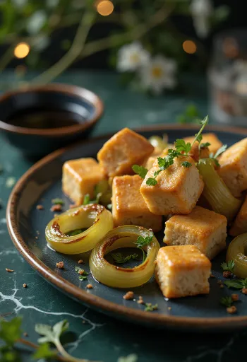 Prebiotyczne pieczone tofu z przyprawionym porem, upieczone na złocistobrązowy kolor