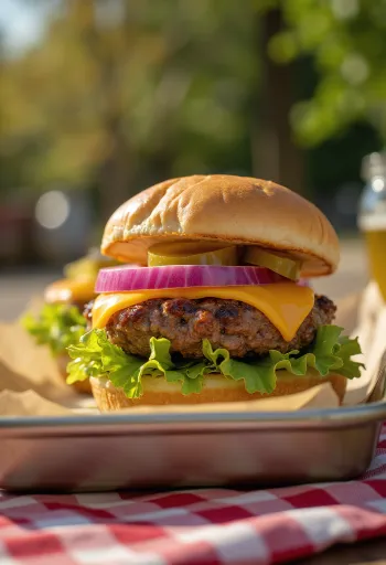 Świeżo przygotowany hamburger z piekarnika z serem i warzywami