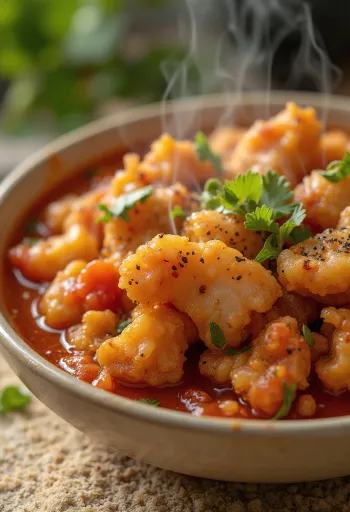 Chicharrón guisado podane ze świeżymi warzywami i ryżem