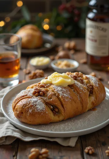 Rumowo-orzechowy Stollen pokrojony w plastry, posypany cukrem pudrem